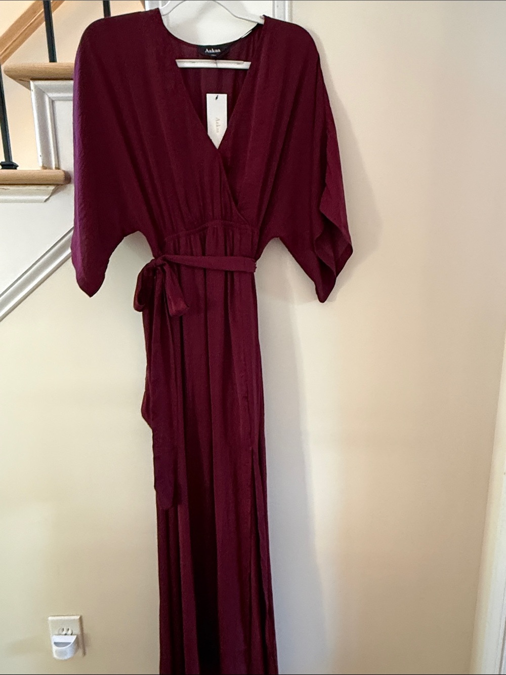 Aakaa Burgundy Wrap Maxi Dress with Self-Tie Belt